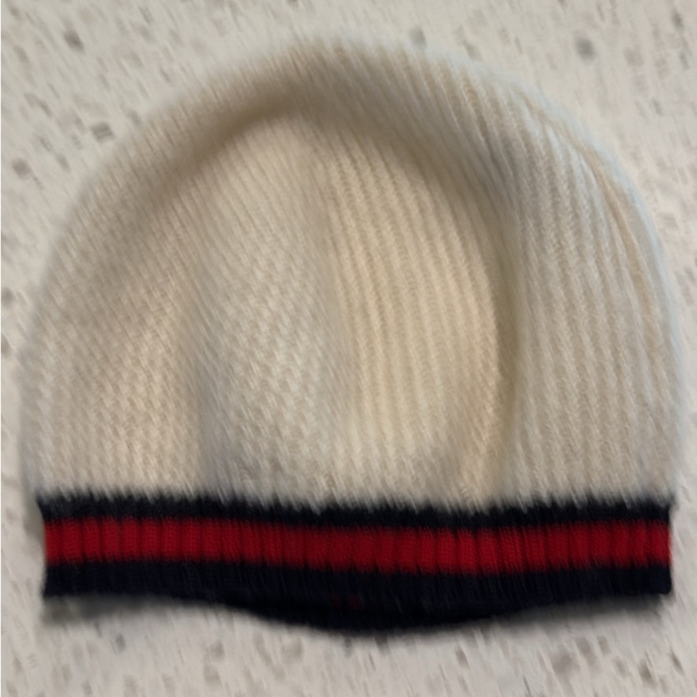 Cream Knit Beanie with Red and Black Stripe